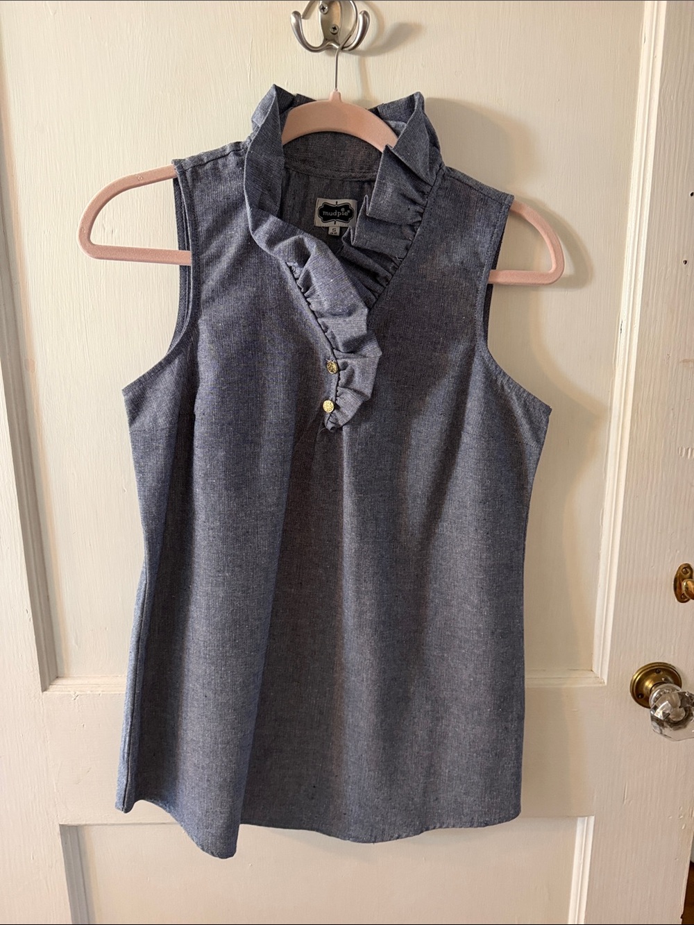 Mud Pie Sleeveless Chambray Ruffle V-Neck Tank - Denim Blue